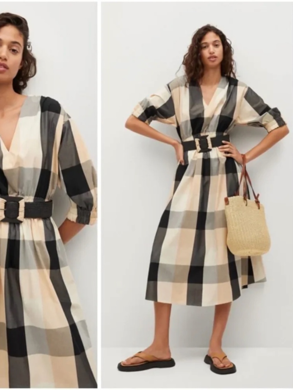 Mango Belted Plaid Midi Dress Size L (US 8–12) NWT - Picture 2 of 7